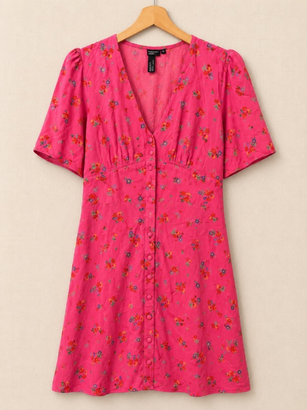 Nobody's Child Pink Floral Button Front Mini Dress Puff Sleeve US 8